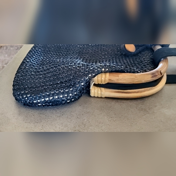 Vintage 1950's Black Woven Rafia Overlay Bamboo Frame Shoulder Bag, EUC - Picture 8 of 15